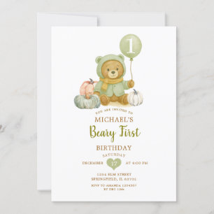 Dusty Green Sage Fall Beary First Birthday Invitation
