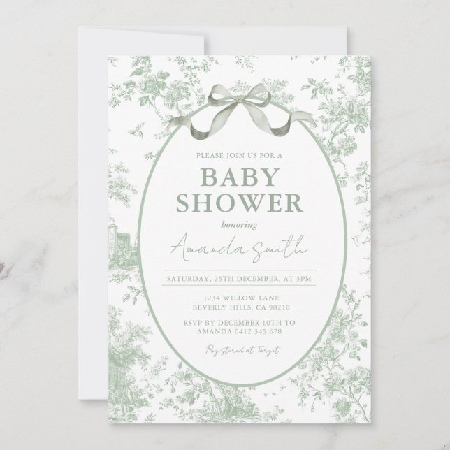 Dusty Green Sage Floral Toile Baby Shower Floral Invitation (Front)