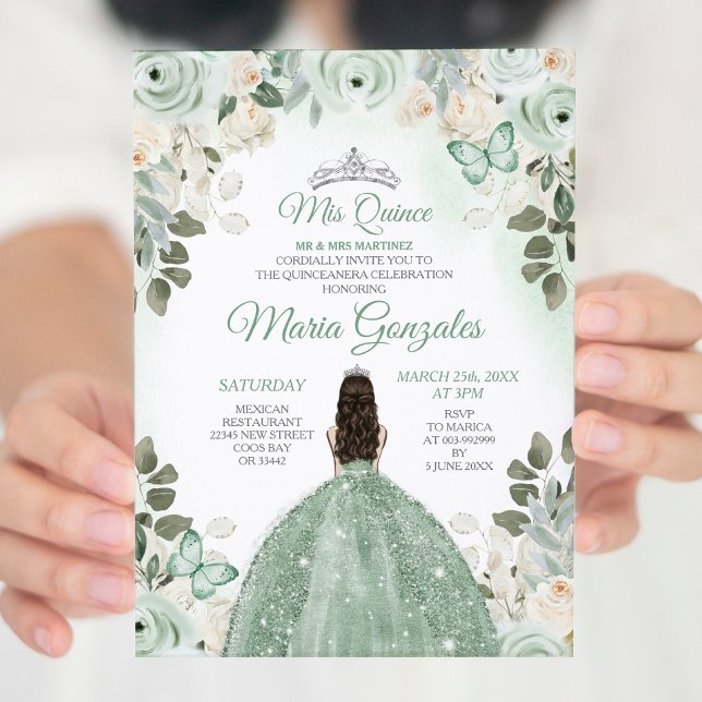 Dusty Green & Silver Mis Quince Floral Quinceañera Invitation (Creator Uploaded)