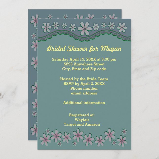 Dusty Green Six Petal Flower Bridal Shower Invite (Front/Back)