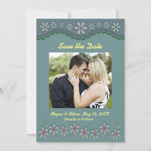 Dusty Green Six Petal Flower Save the Date Card (Front)