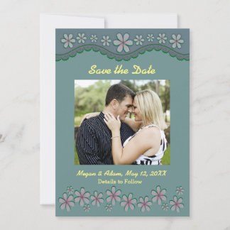 Dusty Green Six Petal Flower Save the Date Card