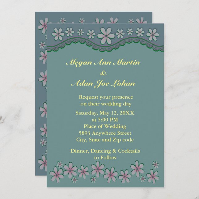 Dusty Green Six Petal Flower Wedding Invitation (Front/Back)