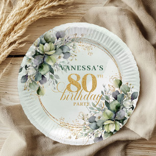 Dusty Green Watercolor 80th Birthday Botanical Paper Plate