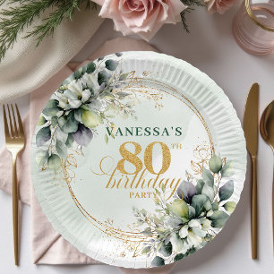 Dusty Green Watercolor Botanical 80th Birthday Paper Plate