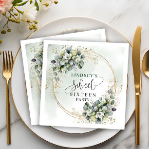 Dusty Green Watercolor Sweet Sixteen Party Napkins