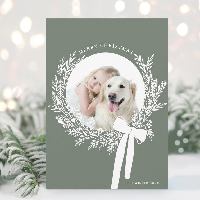 Dusty Green & White Christmas Wreath Minimal Photo Holiday Card (Creator Uploaded)