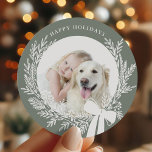 Dusty Green & White Christmas Wreath Photo Classic Round Sticker<br><div class="desc">Holiday photo sticker with a simple Christmas wreath. For more advanced customisation of this design,  please click the DESIGN TOOL BUTTON above!</div>