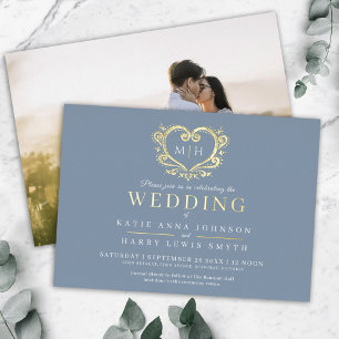 Dusty grey blue and gold heart photo wedding