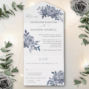 Dusty Grey Floral Roses Foliage Wedding All In One Invitation