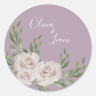 Dusty Lavender Elegant Floral Script Wedding Classic Round Sticker