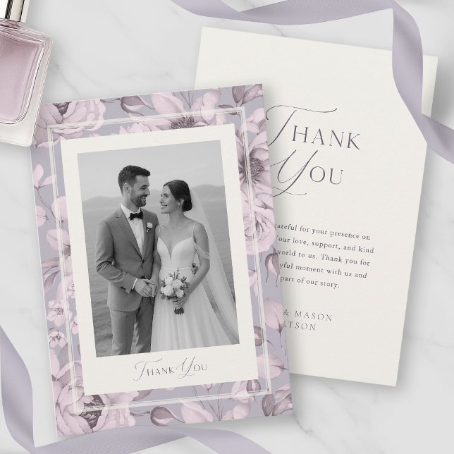 Dusty Lavender Floral Wedding Photo Thank You Card (Creator Uploaded)