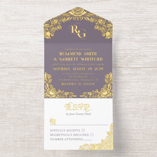 Dusty Lavender Gold Foil Roses Monogram All In One Invitation (Inside)