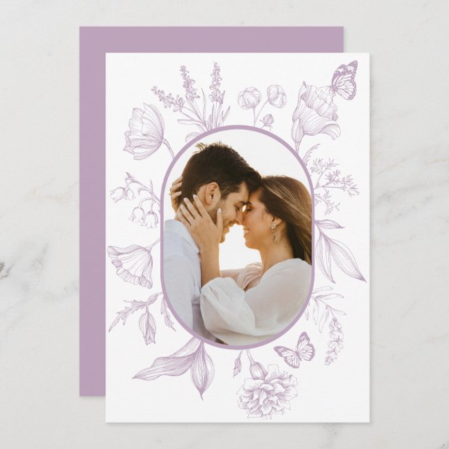 Dusty Lavender Line Art Floral Butterfly Photo Thank You Card (Front/Back)
