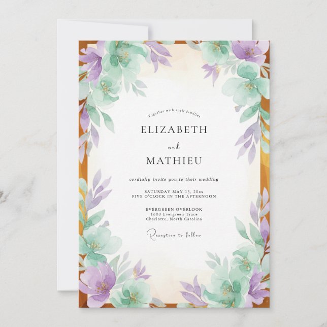 Dusty Lavender Mint Leafy Wedding Invitation (Front)