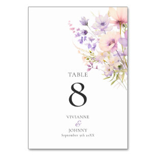 Dusty Lavender Purple Wildflowers Wedding Table Number
