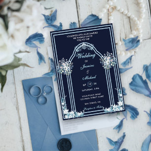 Dusty & Light Blue Boho Floral Navy Wedding Arch Invitation