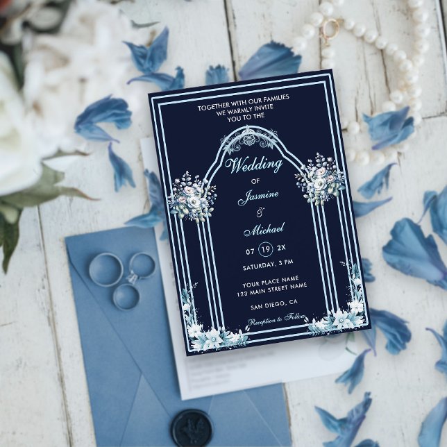 Dusty & Light Blue Boho Floral Navy Wedding Arch   Invitation (Creator Uploaded)