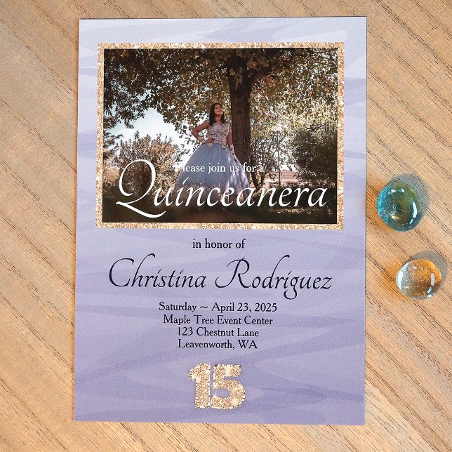 Dusty Light Blue, Gold Quinceanera Photo  Invitation (Dusty blue, baby blue and gold glitter 15, Quinceanera Invitations for Elegant light blue dress.)