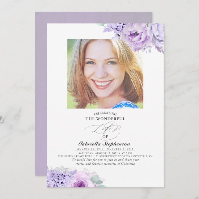 Dusty Light Purple Flowers Elegant Funeral Photo Invitation (Front/Back)
