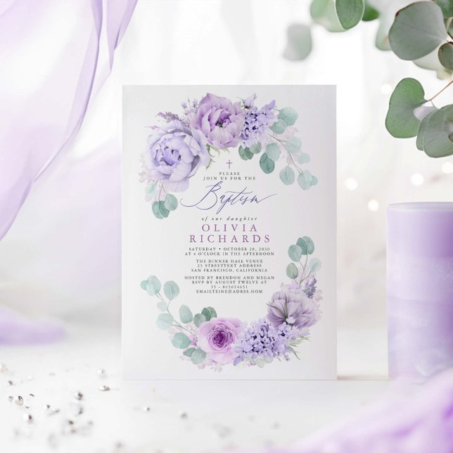 Dusty Light Purple Flowers Eucalyptus Baptism Invitation (Dusty Purple Flowers Baptism Invitations)