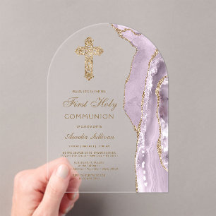 Dusty Lilac Agate First Communion Acrylic Invitations