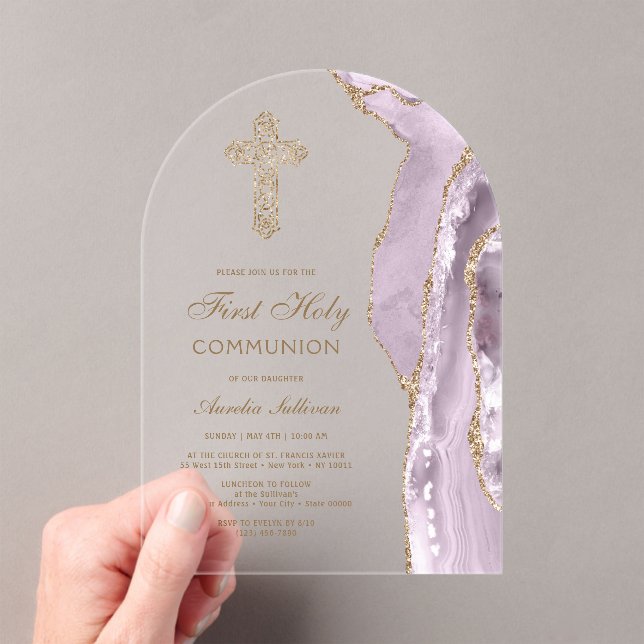 Dusty Lilac Agate First Communion Acrylic Invitations (Insitu (Handheld))