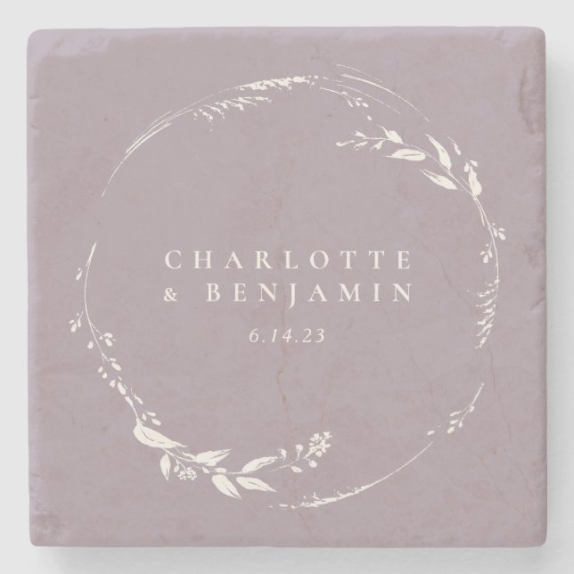 Dusty Lilac Floral Wreath Monogram Personalised   Stone Coaster (Front)