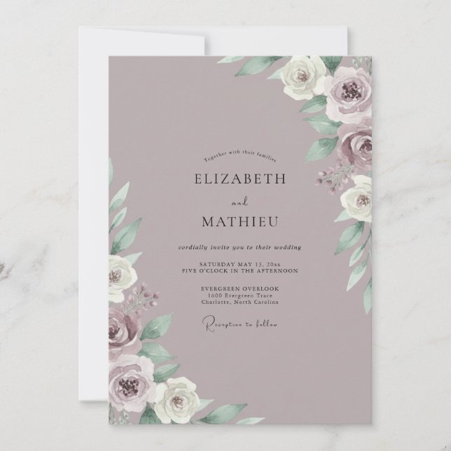 Dusty Lilac Leafy Wedding Invitation (Front)