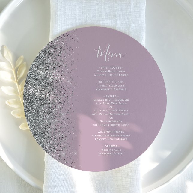 Dusty Lilac Silver Glitter Round Wedding Menu (Creator Uploaded)