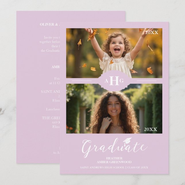 Dusty Lilac Then & Now Timeline Graduate 2-Photo Invitation (Front/Back)