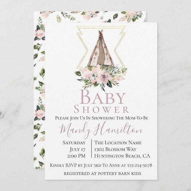 Dusty Mauve Botanical Boho Baby Shower Invitation (Front/Back)