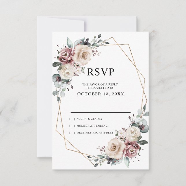 Dusty Mauve Eucalyptus Geometric Wedding RSVP Card (Front)