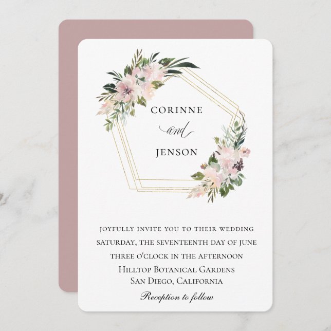 Dusty Mauve Floral Geometric Wedding Invitation (Front/Back)