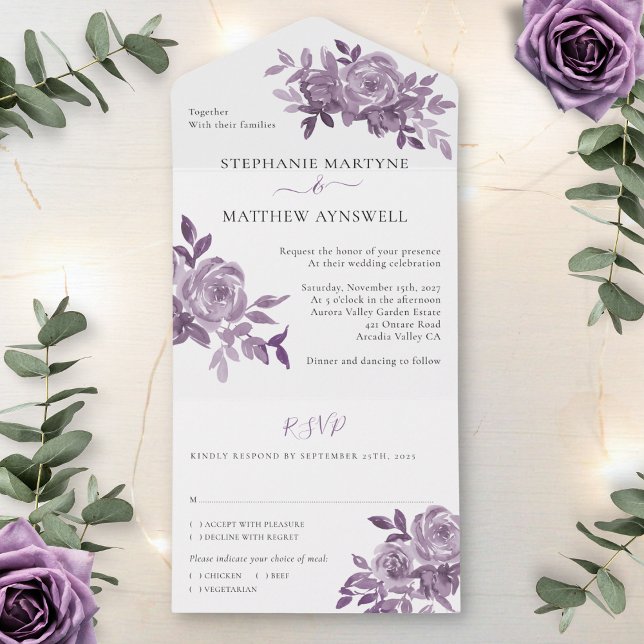 Dusty Mauve Floral Roses Foliage Wedding All In One Invitation (Creator Uploaded)