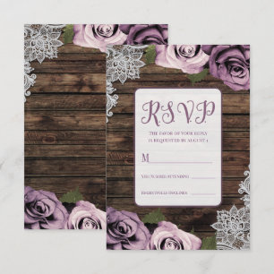 Dusty Mauve Floral Roses Rustic Wood Lace Wedding RSVP Card