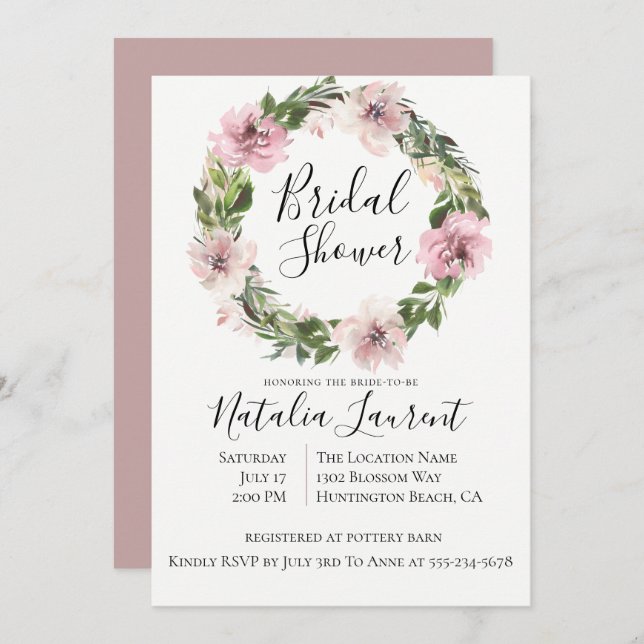 Dusty Mauve Floral Wreath Bridal Shower Invitation (Front/Back)