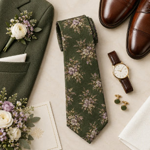 Dusty Mauve Foraged Floral on Moss Green Tie