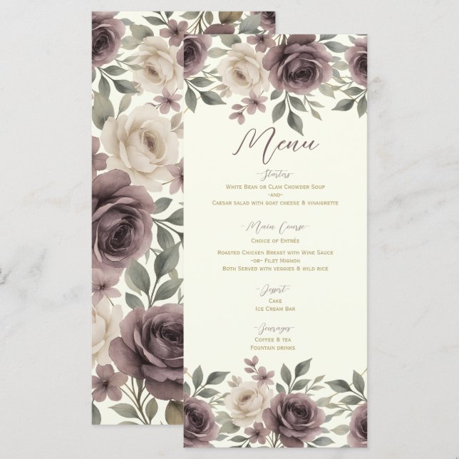 Dusty Mauve & Ivory Bloom Botanical Wedding Menu (Front/Back)