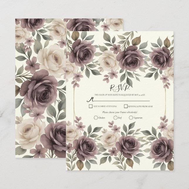 Dusty Mauve & Ivory Bloom Botanical Wedding RSVP Invitation (Front/Back)