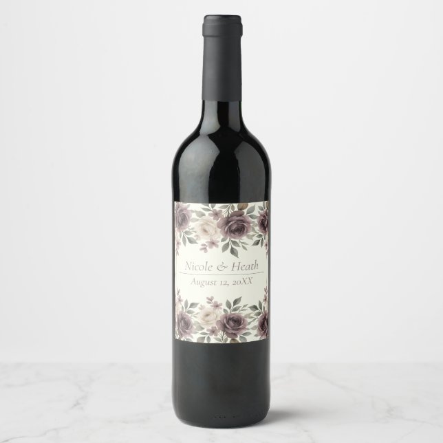 Dusty Mauve & Ivory Bloom Botanical Wedding Wine Label (Front)