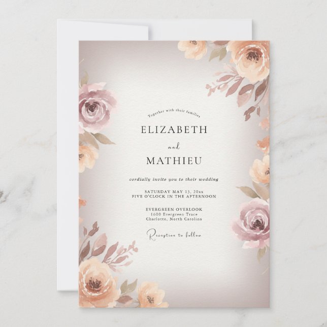 Dusty Mauve Leafy Wedding Invitation (Front)