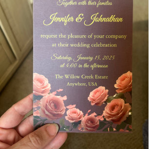 Dusty Mauve Peach Rose Petals Promises Wedding Invitation