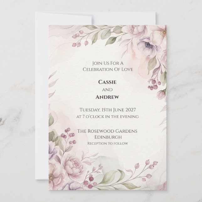 Dusty Mauve Peony Anemone Wedding Invitation (Front)