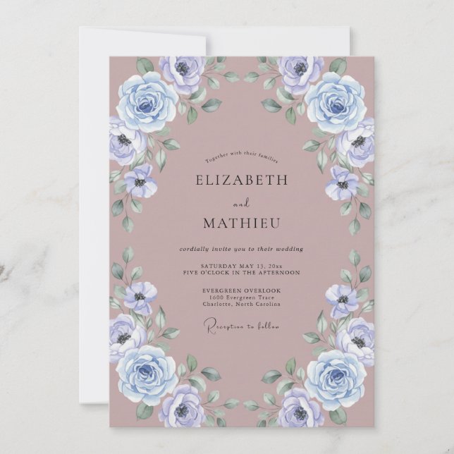 Dusty Mauve Periwinkle Peony Wedding Invitation (Front)
