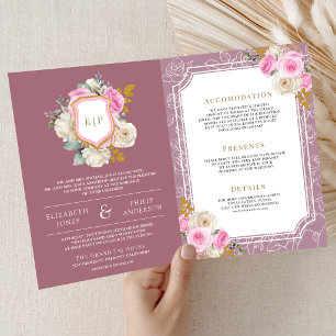 Dusty Mauve Pink Floral All in One Crest Wedding Invitation