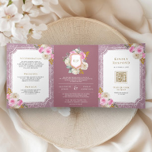 Dusty Mauve Pink Floral All in One Crest Wedding Tri-Fold Invitation