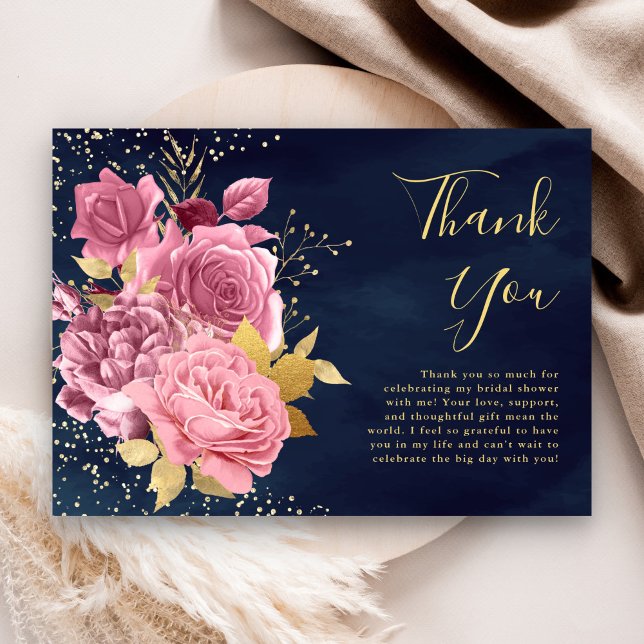 Dusty Mauve Pink Floral Navy Blue Bridal Shower Thank You Card (Creator Uploaded)
