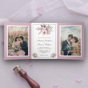 Dusty Mauve Pink Floral Wedding Photo Tri-Fold Invitation