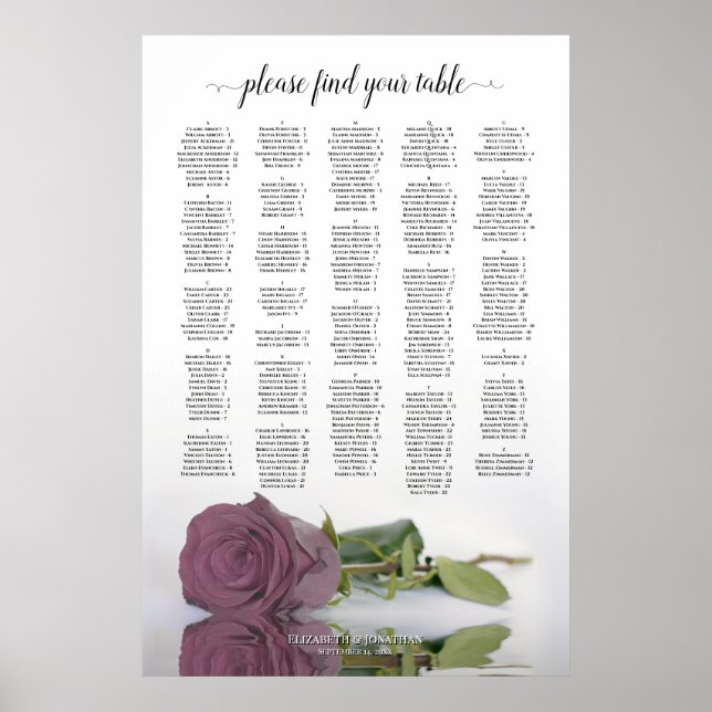 Dusty Mauve Pink Rose Alphabetical Seating Chart (Front)